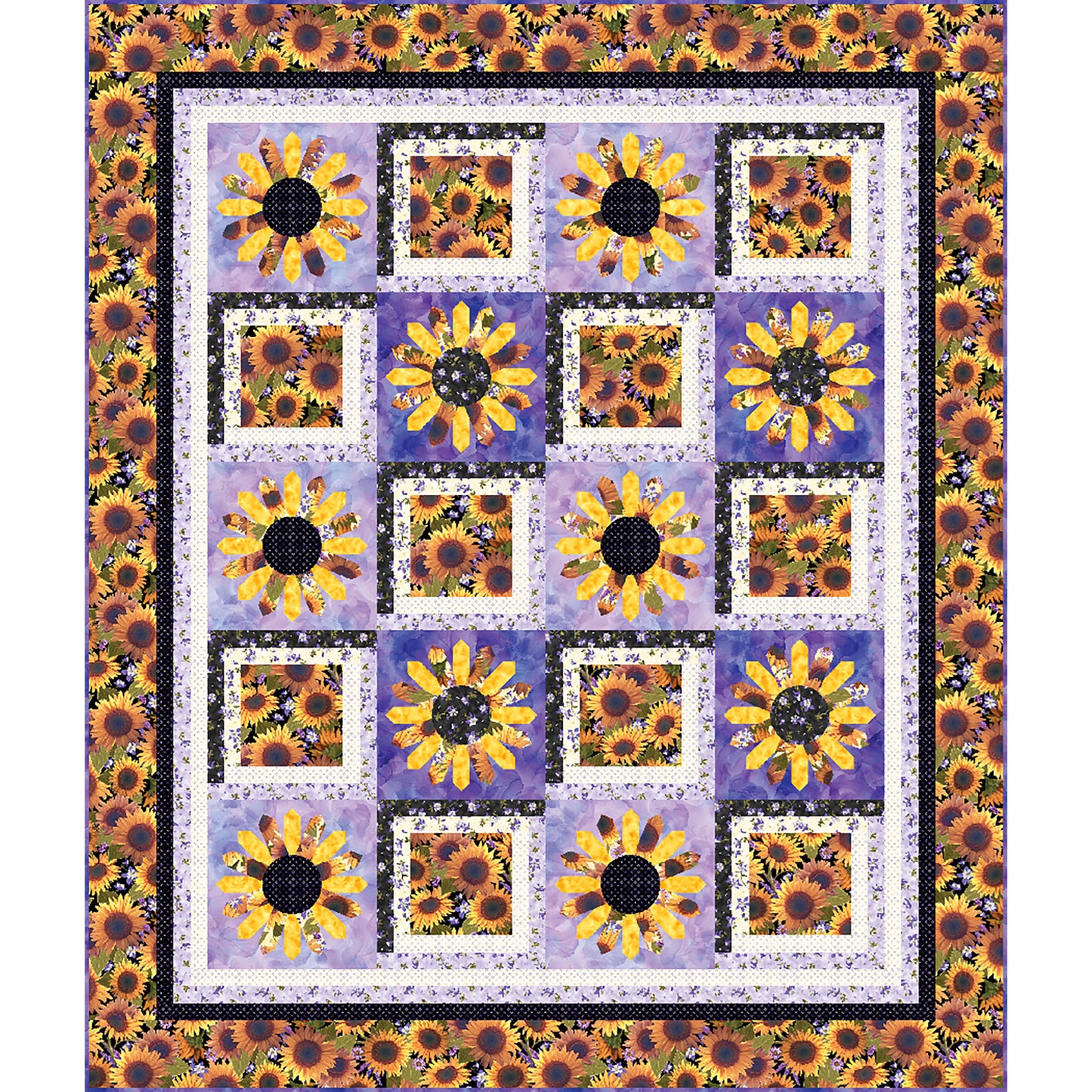 Daisy Mountain quilt is a lovely flower quilt featuring daisy fabric blocks between applique daisy blocks.