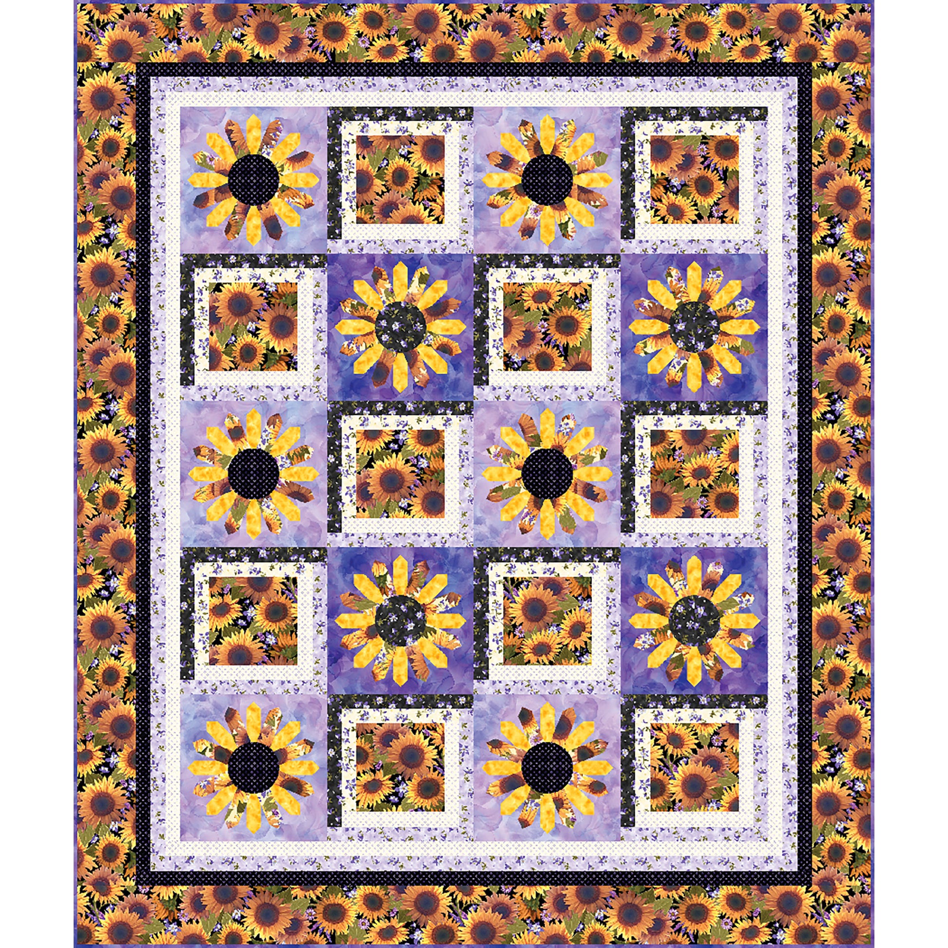 Daisy Mountain quilt is a lovely flower quilt featuring daisy fabric blocks between applique daisy blocks.