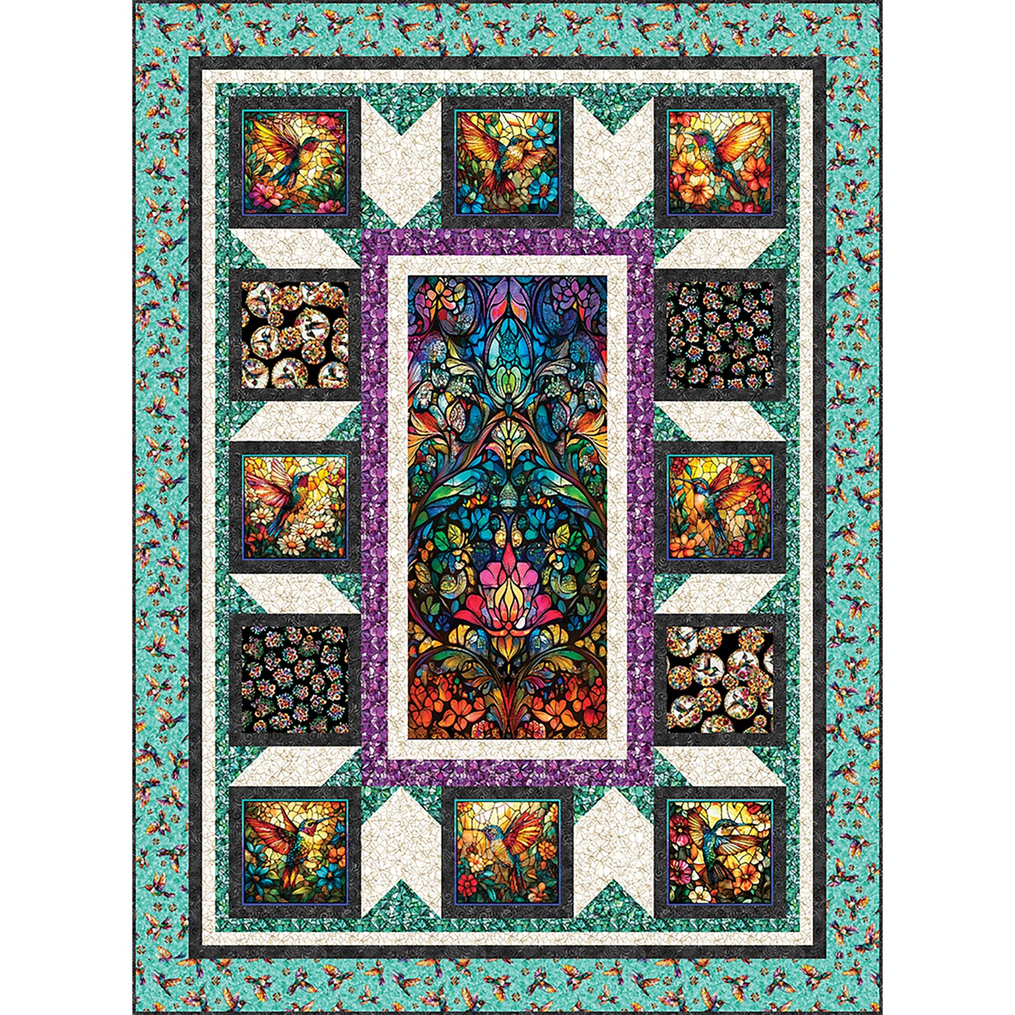 Hummingbird Lane quilt is a bright and fun quilt featuring humming bird fabric in bright colors from the middle panel to the blocks bordering it.