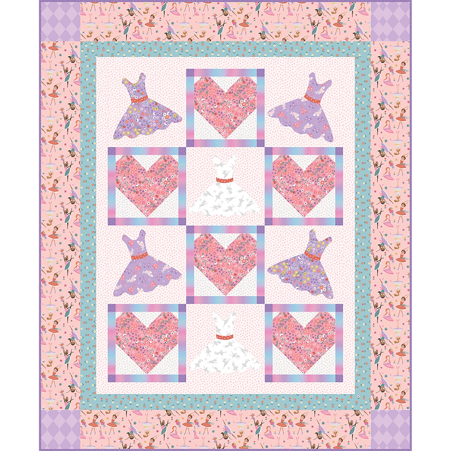 Little Ballerina quilt is a sweet quilt featuring pieced hearts and applique dresses. Adorable quilt pattern for all your little dancers.