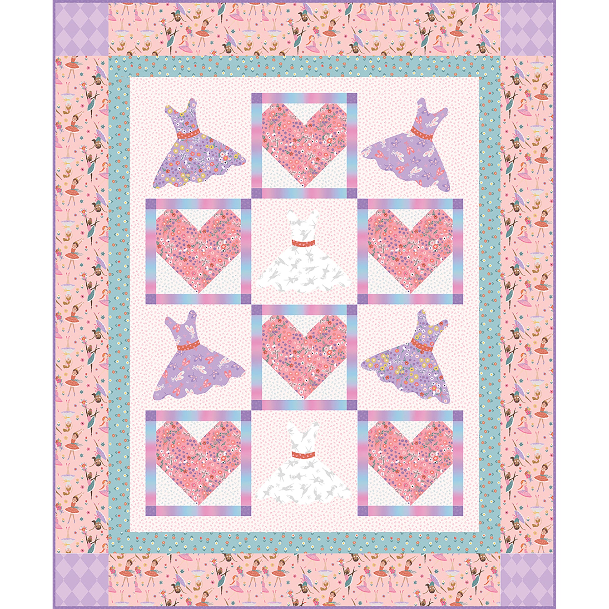 Little Ballerina quilt is a sweet quilt featuring pieced hearts and applique dresses. Adorable quilt pattern for all your little dancers.