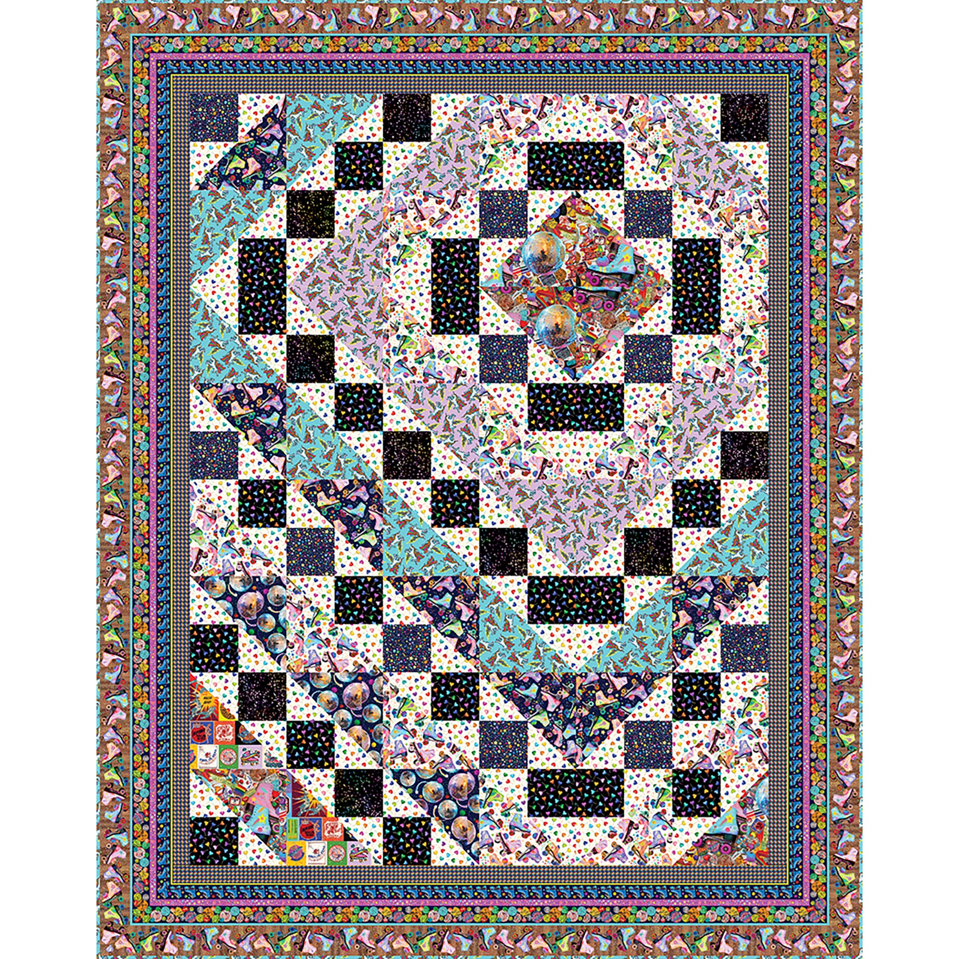 Skate Park quilt pattern is a fun quilt featuring skating fabrics. There is a diamond in the upper right corner with borders around it in different fabrics and then more borders are brough down to the left and bottom of the quilt making it look off center but oh so fun!