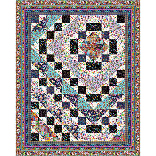 Skate Park quilt pattern is a fun quilt featuring skating fabrics. There is a diamond in the upper right corner with borders around it in different fabrics and then more borders are brough down to the left and bottom of the quilt making it look off center but oh so fun!