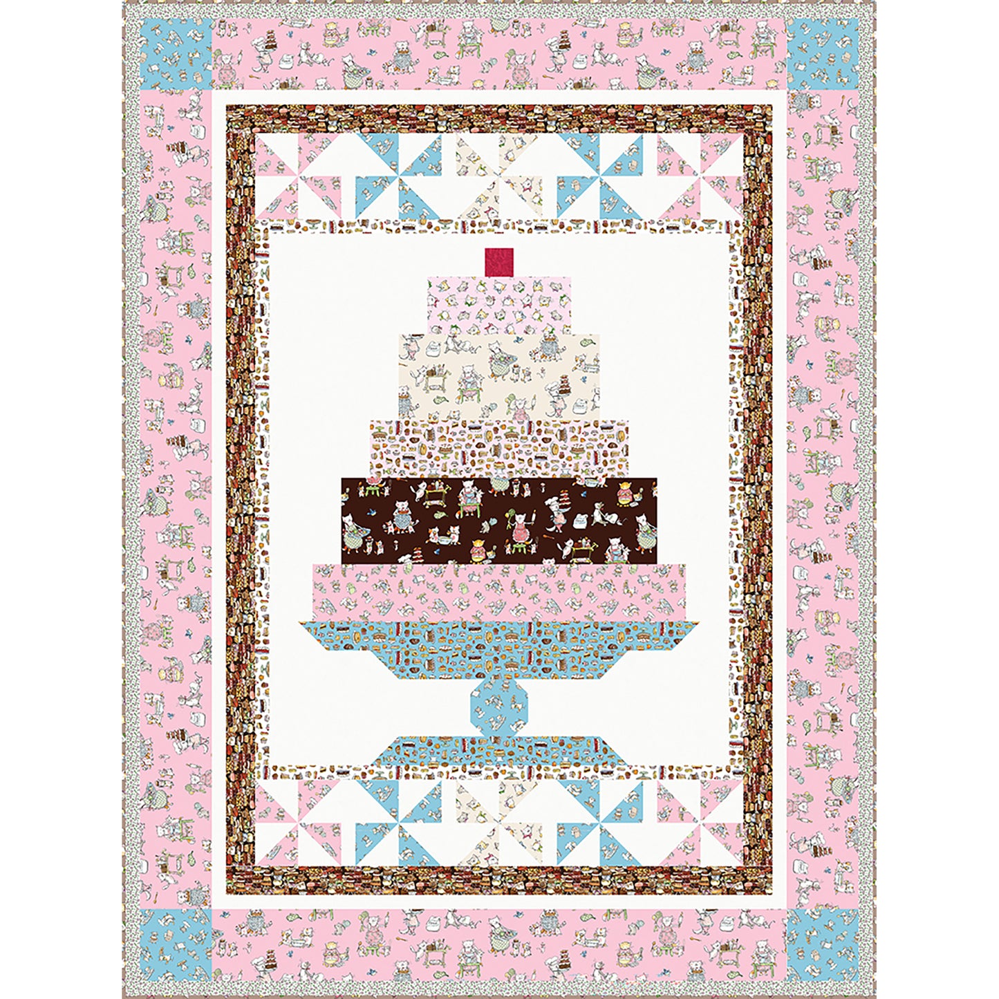 Yummy looking layered cake quilt with a pinwheel border on top and bottom.  Good enough to eat!