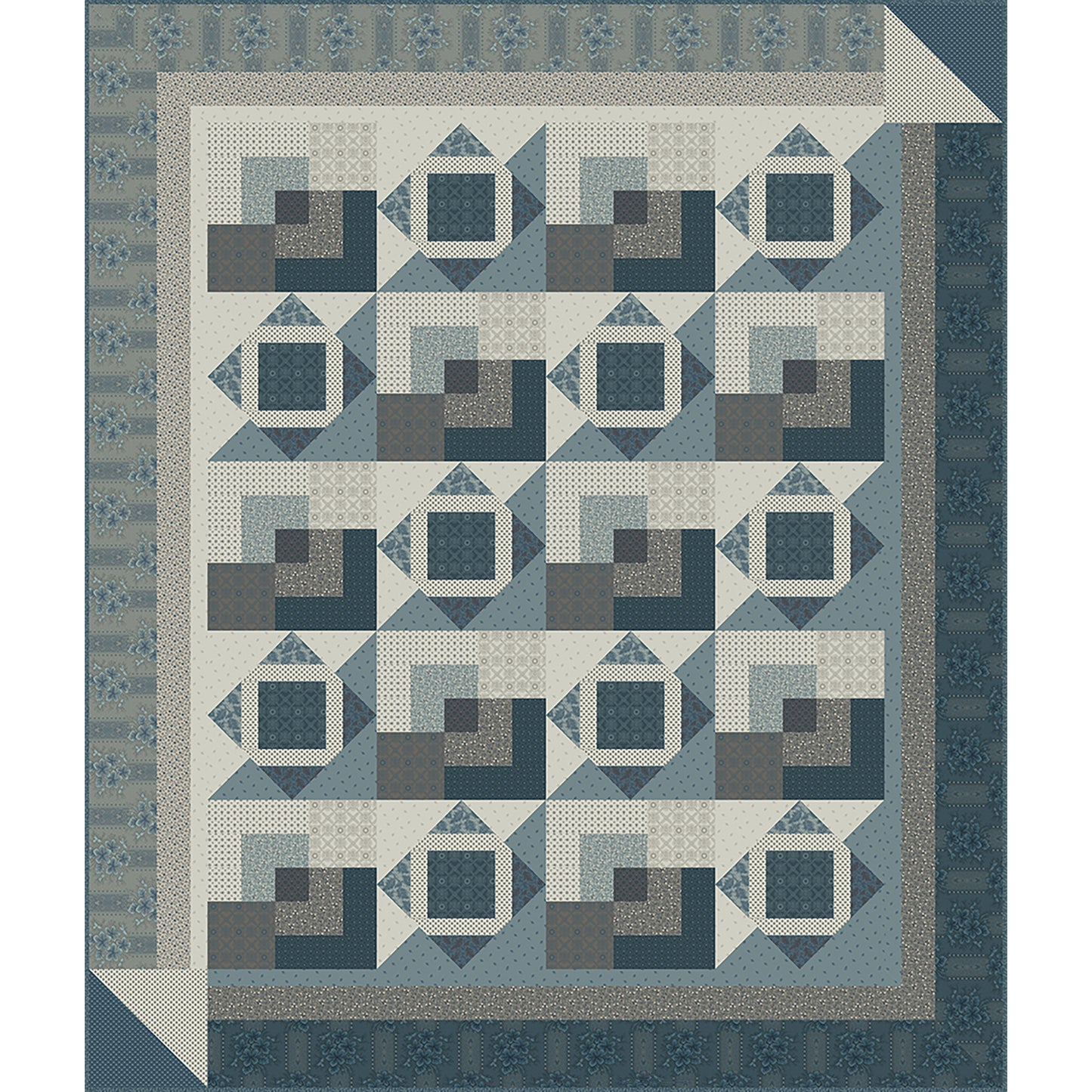 Fun geometric quilt features blocks of side by side squares and squares in a diamond. Fun neutral or masculine quilt.