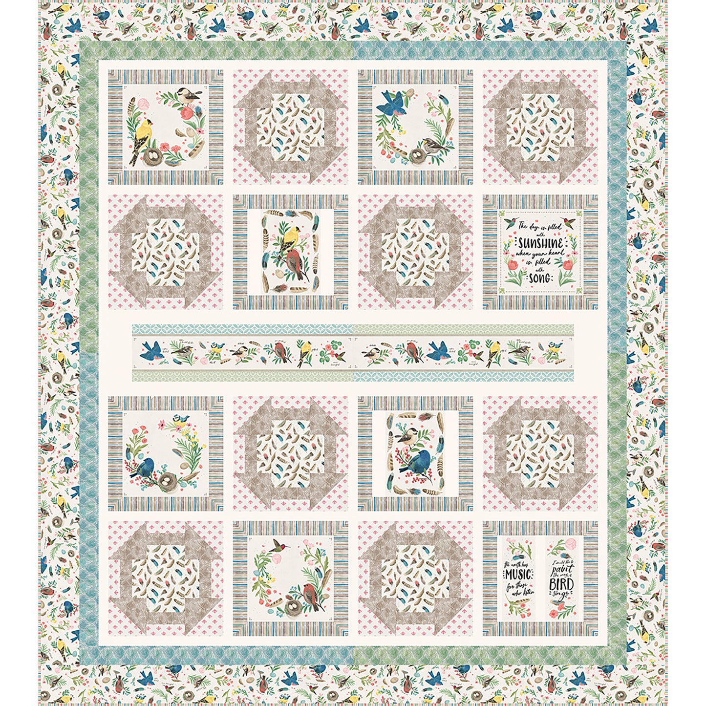 Sunshine and Song quilt features a bird study panel cut up with matching fabric of churn dash blocks and blocks with panel blocks. The theme of the fabric is birds with a long printed panel piece in the middle.