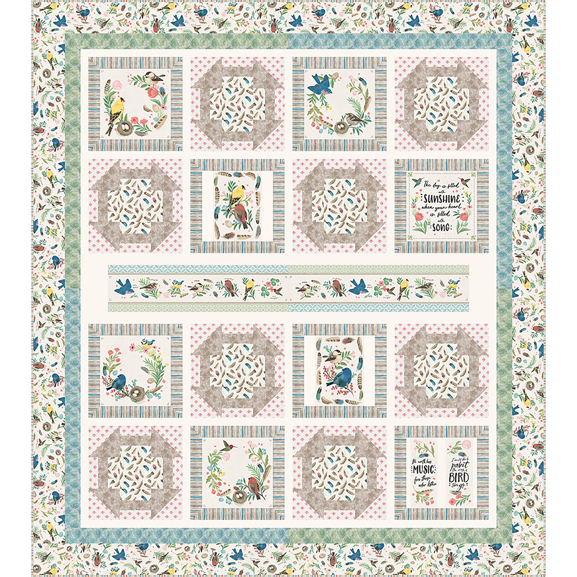 Sunshine and Song quilt features a bird study panel cut up with matching fabric of churn dash blocks and blocks with panel blocks. The theme of the fabric is birds with a long printed panel piece in the middle.