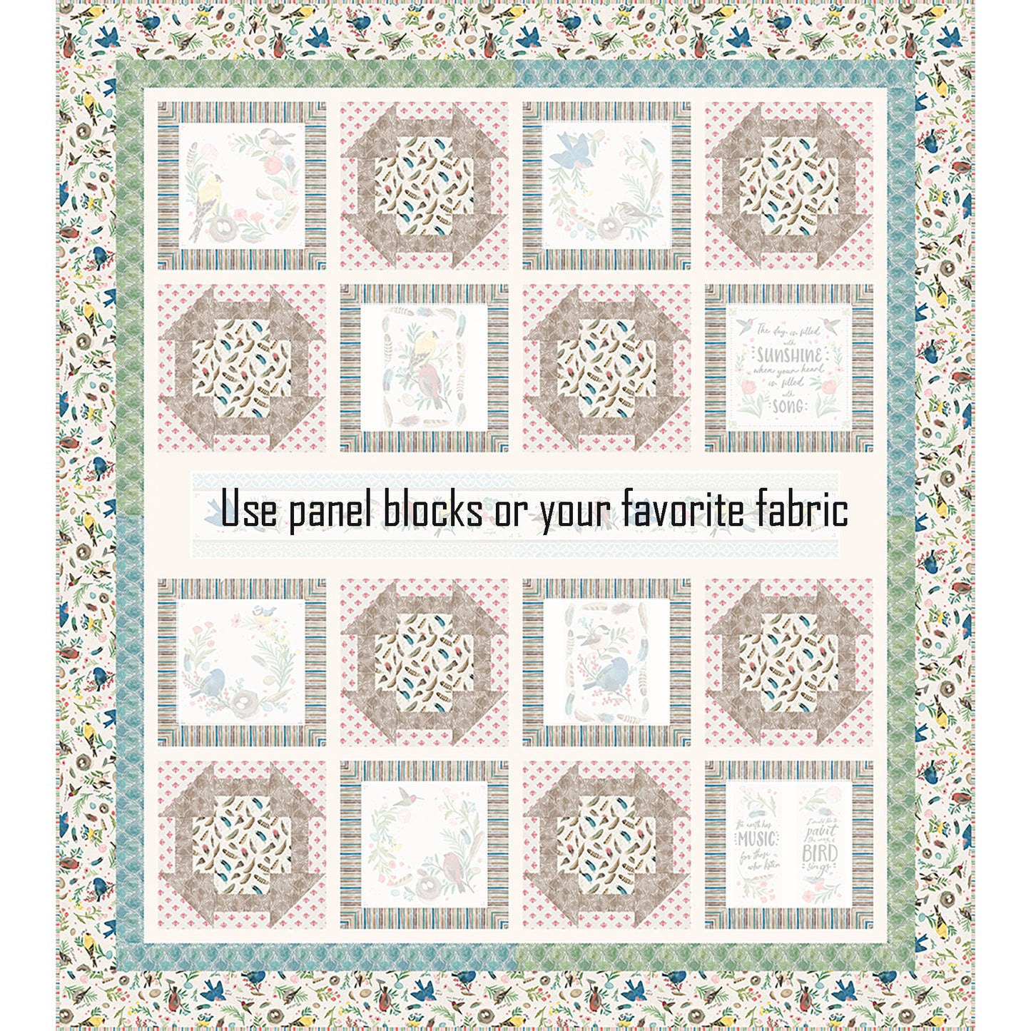 Sunshine and Song quilt features a bird study panel cut up with matching fabric of churn dash blocks and blocks with panel blocks. The theme of the fabric is birds with a long printed panel piece in the middle. The panel pieces including the blocks are shaded in this image to show where you would add your own fabric blocks.