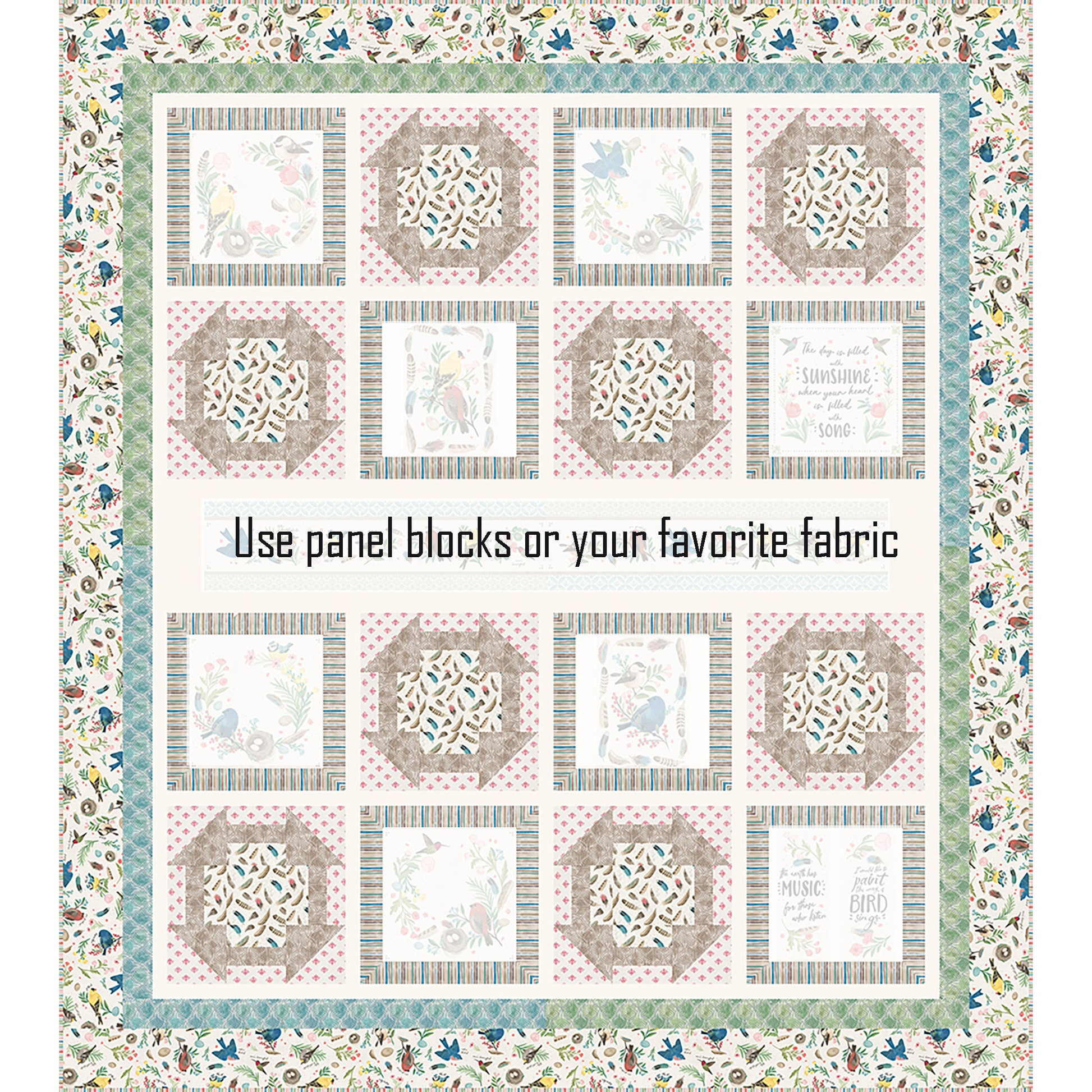 Sunshine and Song quilt features a bird study panel cut up with matching fabric of churn dash blocks and blocks with panel blocks. The theme of the fabric is birds with a long printed panel piece in the middle. The panel pieces including the blocks are shaded in this image to show where you would add your own fabric blocks.