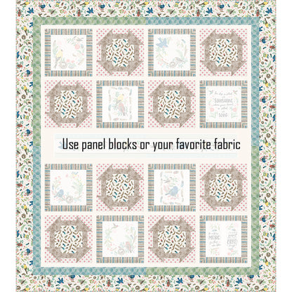 Sunshine and Song quilt features a bird study panel cut up with matching fabric of churn dash blocks and blocks with panel blocks. The theme of the fabric is birds with a long printed panel piece in the middle. The panel pieces including the blocks are shaded in this image to show where you would add your own fabric blocks.