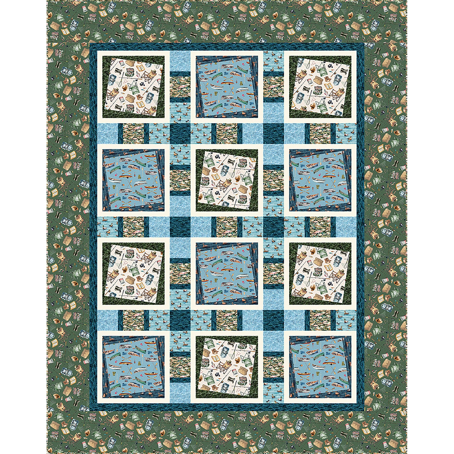 Let's Go Fishing quilt is a fun pattern to showcase large blocks with complementing fabrics. The pattern includes tilted squares in a square with paths between. The fabric shown is fishing fabric, but any fabric could be used.