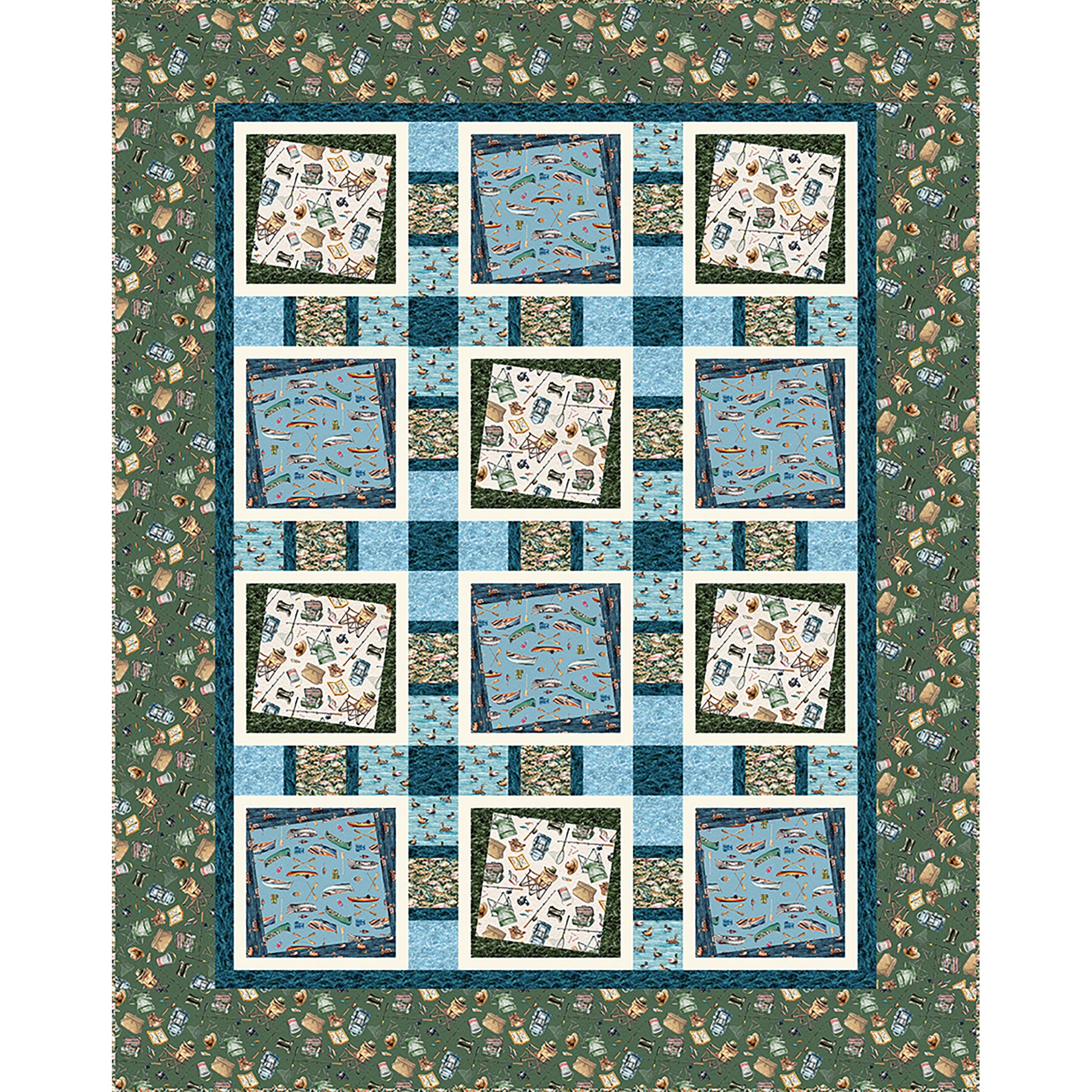 Let's Go Fishing quilt is a fun pattern to showcase large blocks with complementing fabrics. The pattern includes tilted squares in a square with paths between. The fabric shown is fishing fabric, but any fabric could be used.