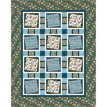 Let's Go Fishing quilt is a fun pattern to showcase large blocks with complementing fabrics. The pattern includes tilted squares in a square with paths between. The fabric shown is fishing fabric, but any fabric could be used.