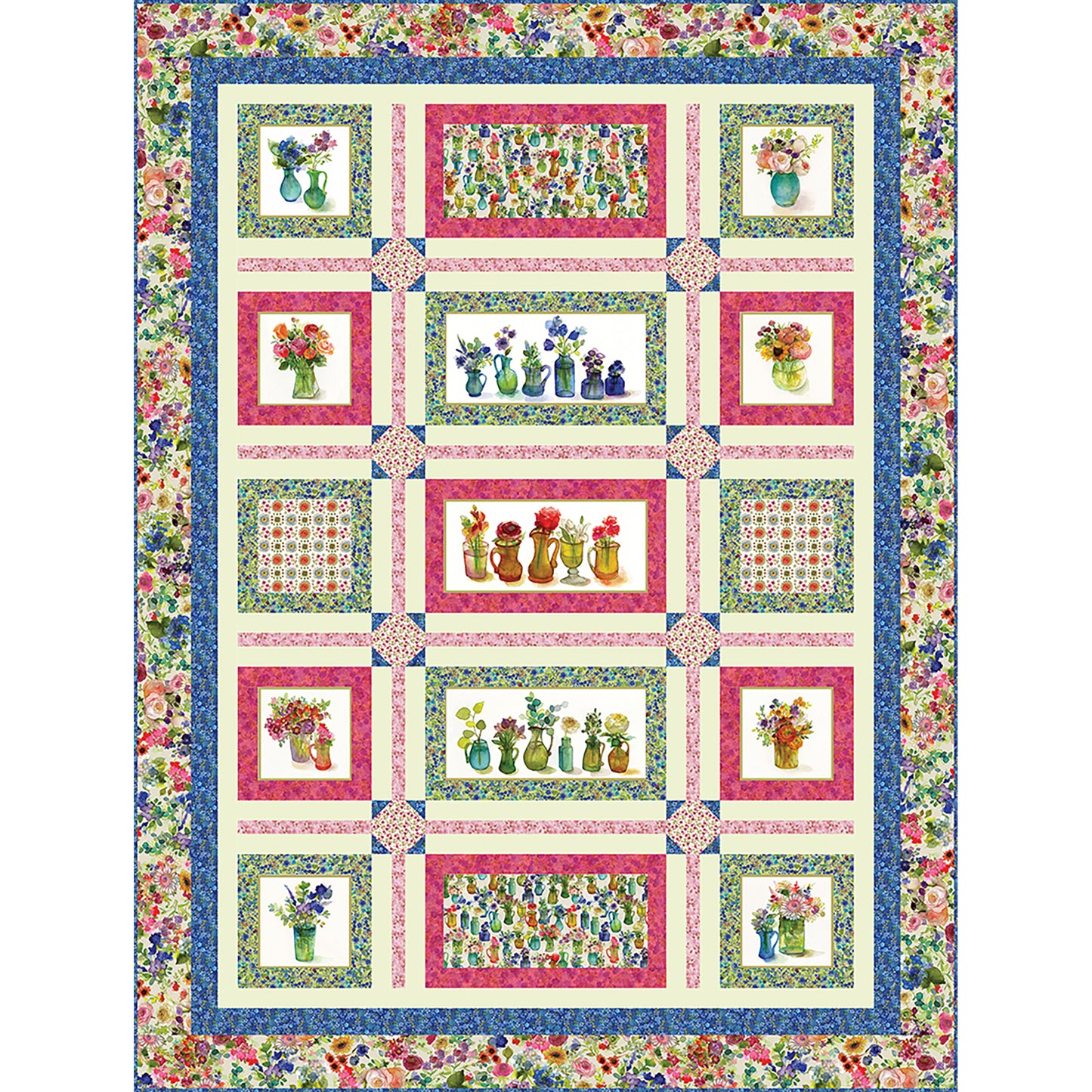 Window Blooms Quilt is a fun way to showcase panel blocks and/or focus fabrics. Fabric shown includes rows or single vases of flowers alternating with fabric of flowers.