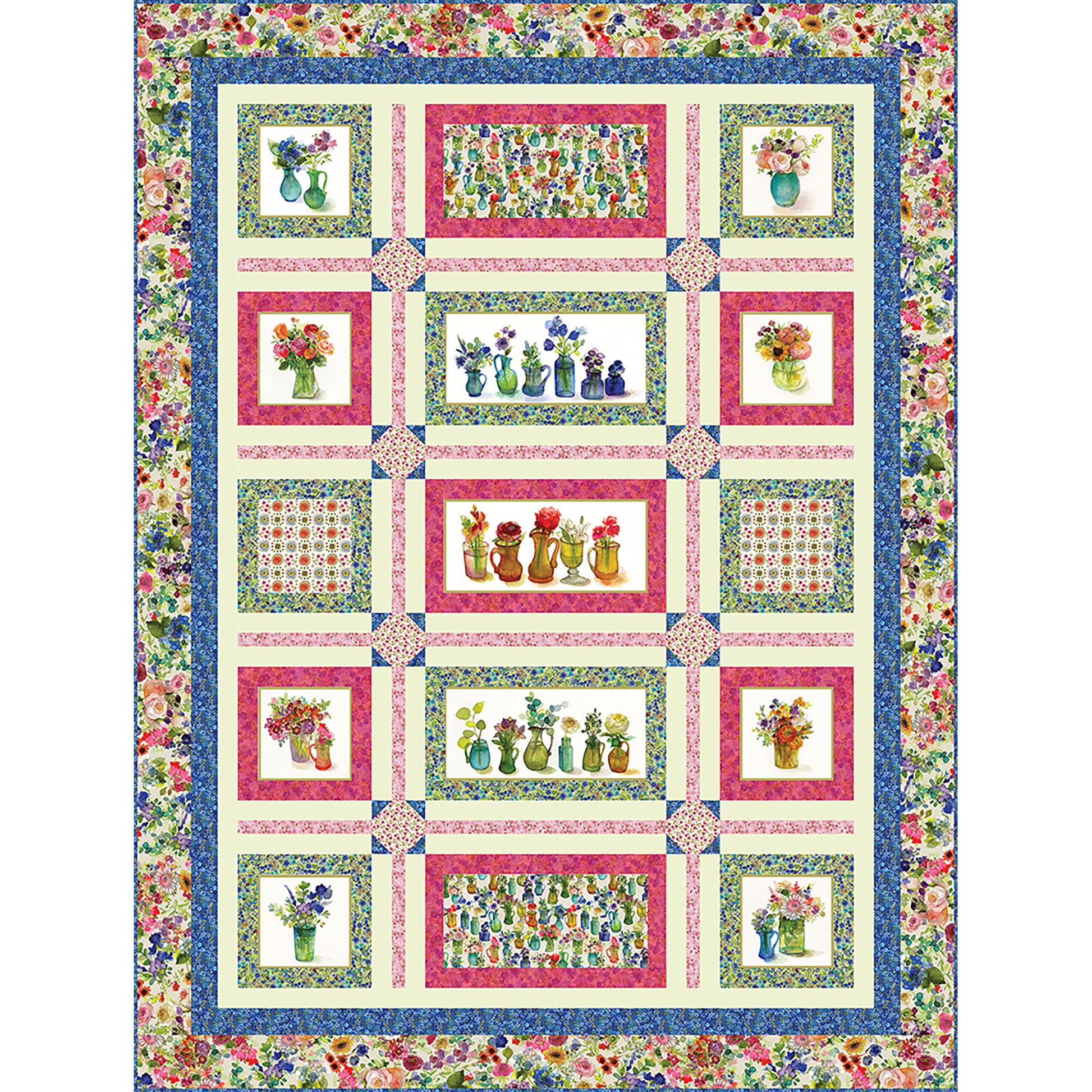 Window Blooms Quilt is a fun way to showcase panel blocks and/or focus fabrics. Fabric shown includes rows or single vases of flowers alternating with fabric of flowers.