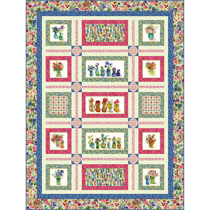 Window Blooms Quilt is a fun way to showcase panel blocks and/or focus fabrics. Fabric shown includes rows or single vases of flowers alternating with fabric of flowers.