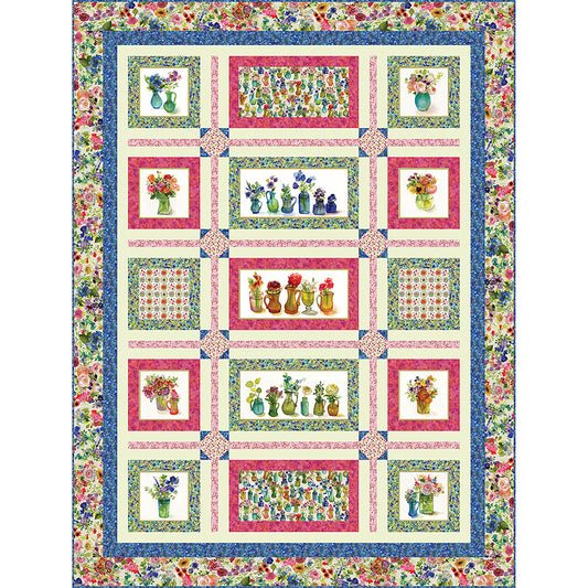 Window Blooms Quilt is a fun way to showcase panel blocks and/or focus fabrics. Fabric shown includes rows or single vases of flowers alternating with fabric of flowers.