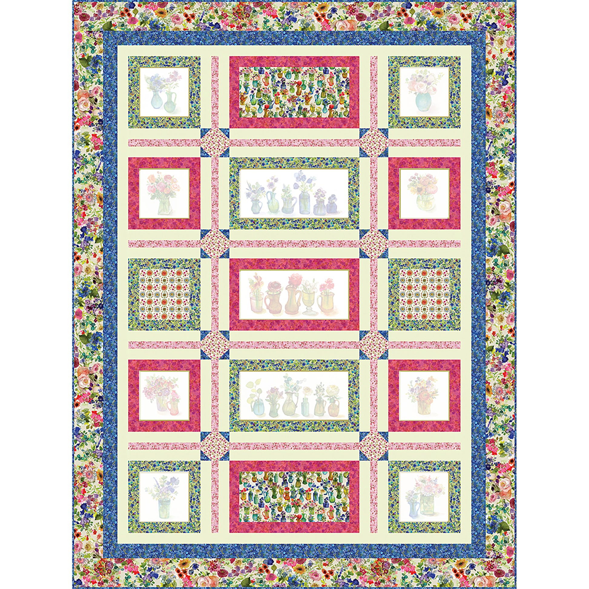 Window Blooms Quilt is a fun way to showcase panel blocks and/or focus fabrics. Fabric shown includes rows or single vases of flowers alternating with fabric of flowers. The closer printed fabric is obviously your choice of matching fabric, but the vases blocks are shaded to show where you would put your own fabric blocks.