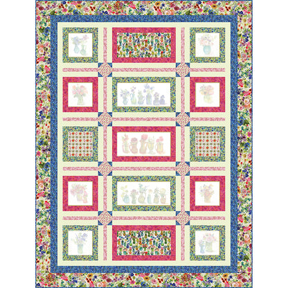 Window Blooms Quilt is a fun way to showcase panel blocks and/or focus fabrics. Fabric shown includes rows or single vases of flowers alternating with fabric of flowers. The closer printed fabric is obviously your choice of matching fabric, but the vases blocks are shaded to show where you would put your own fabric blocks.