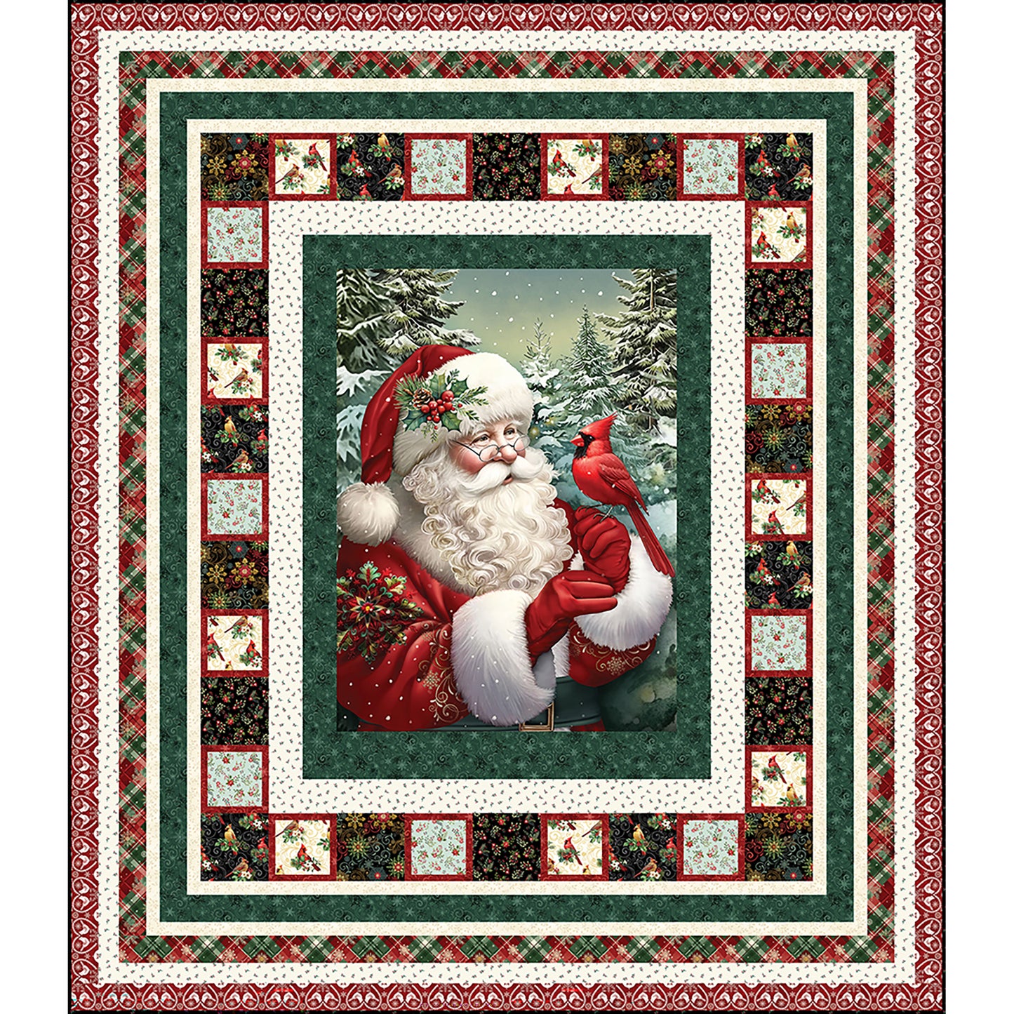 Classic Santa quilt features a holiday panel of Santa in a woods with a red cardinal on his hand. There are multiple borders to help it pop, including one with matching squares.