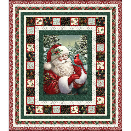 Classic Santa quilt features a holiday panel of Santa in a woods with a red cardinal on his hand. There are multiple borders to help it pop, including one with matching squares.