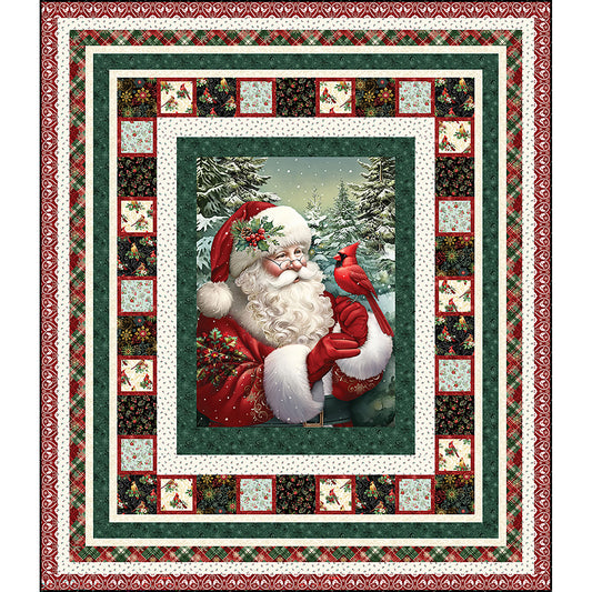 Classic Santa quilt features a holiday panel of Santa in a woods with a red cardinal on his hand. There are multiple borders to help it pop, including one with matching squares.
