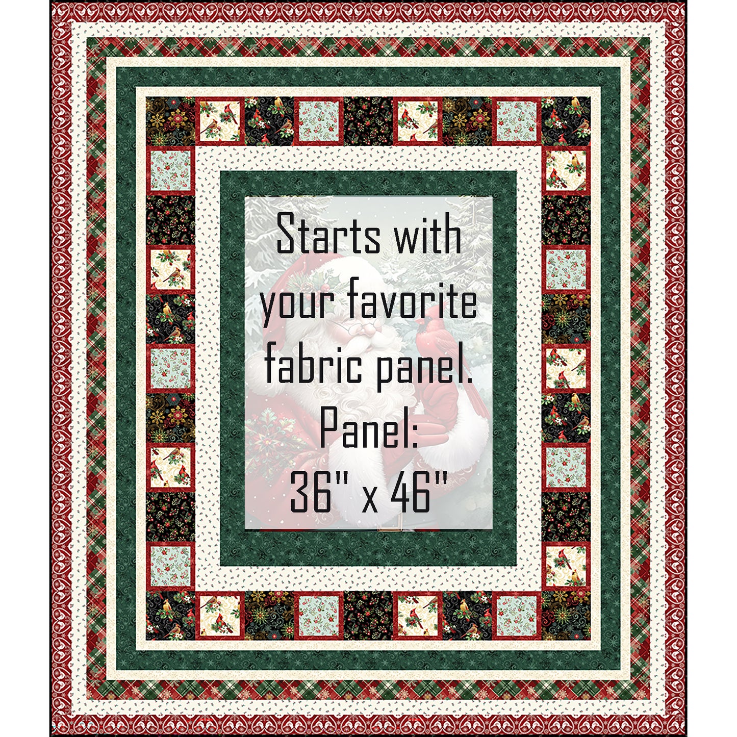 Classic Santa quilt features a holiday panel of Santa in a woods with a red cardinal on his hand. The panel is shaded out so you can see where you would add your own panel of 36 inches by 46 inches. There are multiple borders to help it pop, including one with matching squares.