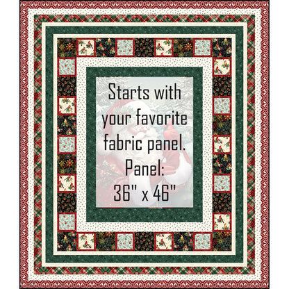 Classic Santa quilt features a holiday panel of Santa in a woods with a red cardinal on his hand. The panel is shaded out so you can see where you would add your own panel of 36 inches by 46 inches. There are multiple borders to help it pop, including one with matching squares.