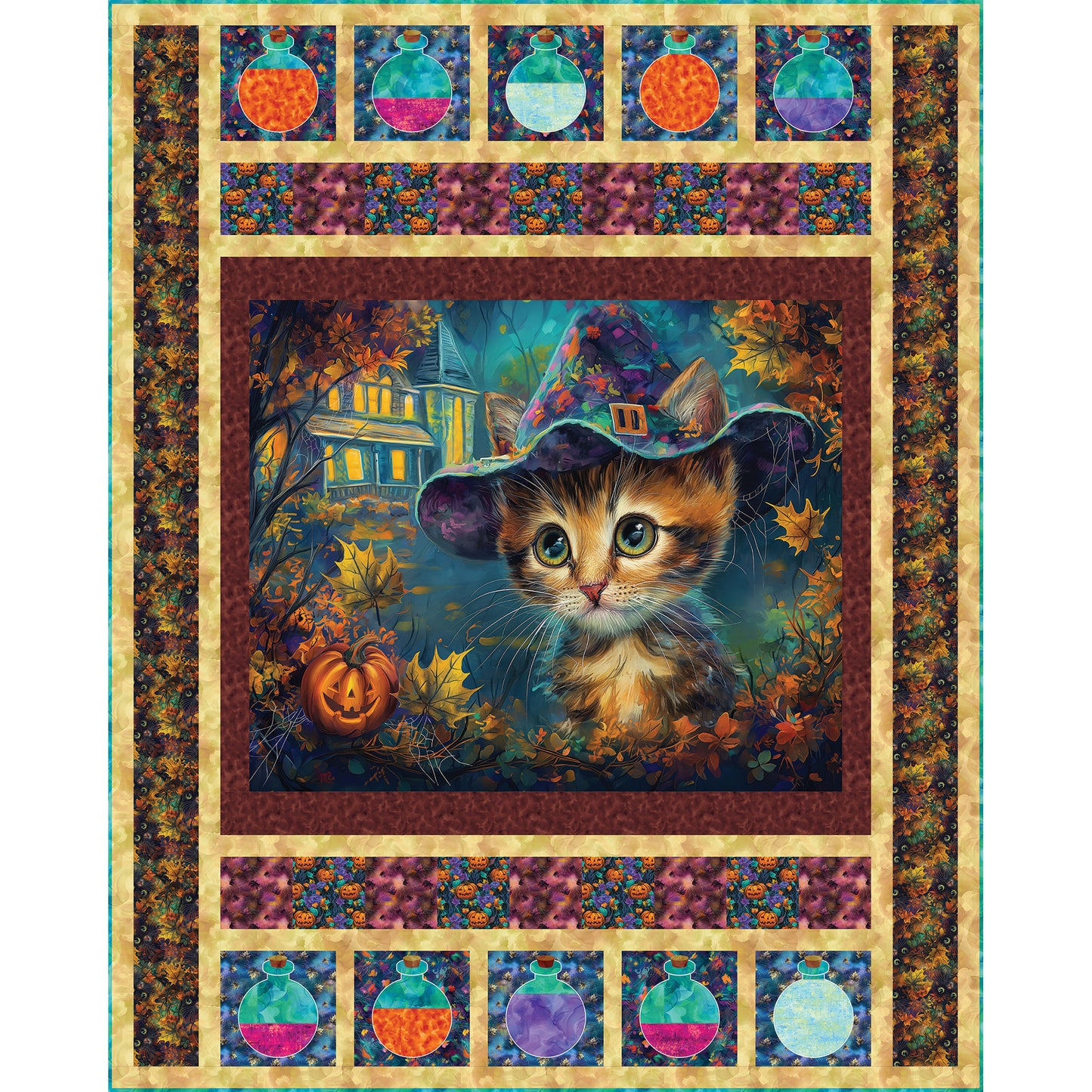 Whiskers' Potions quilt features the cutest witch panel of a cat with a witch's hat, haunted house in the background and fall leaves. The top and bottom border include potion bottles with different colored "potions".