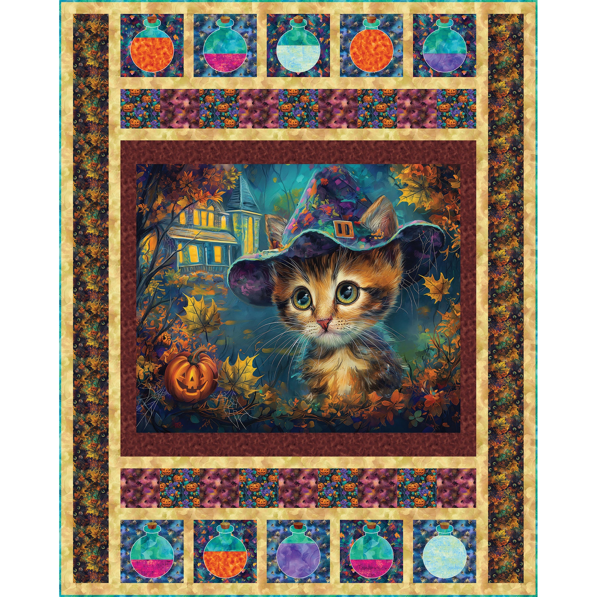 Whiskers' Potions quilt features the cutest witch panel of a cat with a witch's hat, haunted house in the background and fall leaves. The top and bottom border include potion bottles with different colored "potions".