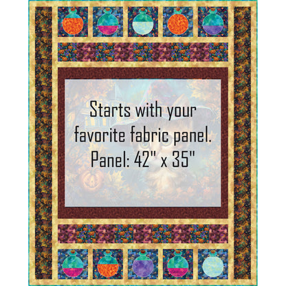 Whiskers' Potions quilt features the cutest witch panel of a cat with a witch's hat, haunted house in the background and fall leaves - this panel is shaded out to show where you would add your own panel of 42 inches by 35 inches. The top and bottom border include potion bottles with different colored "potions".