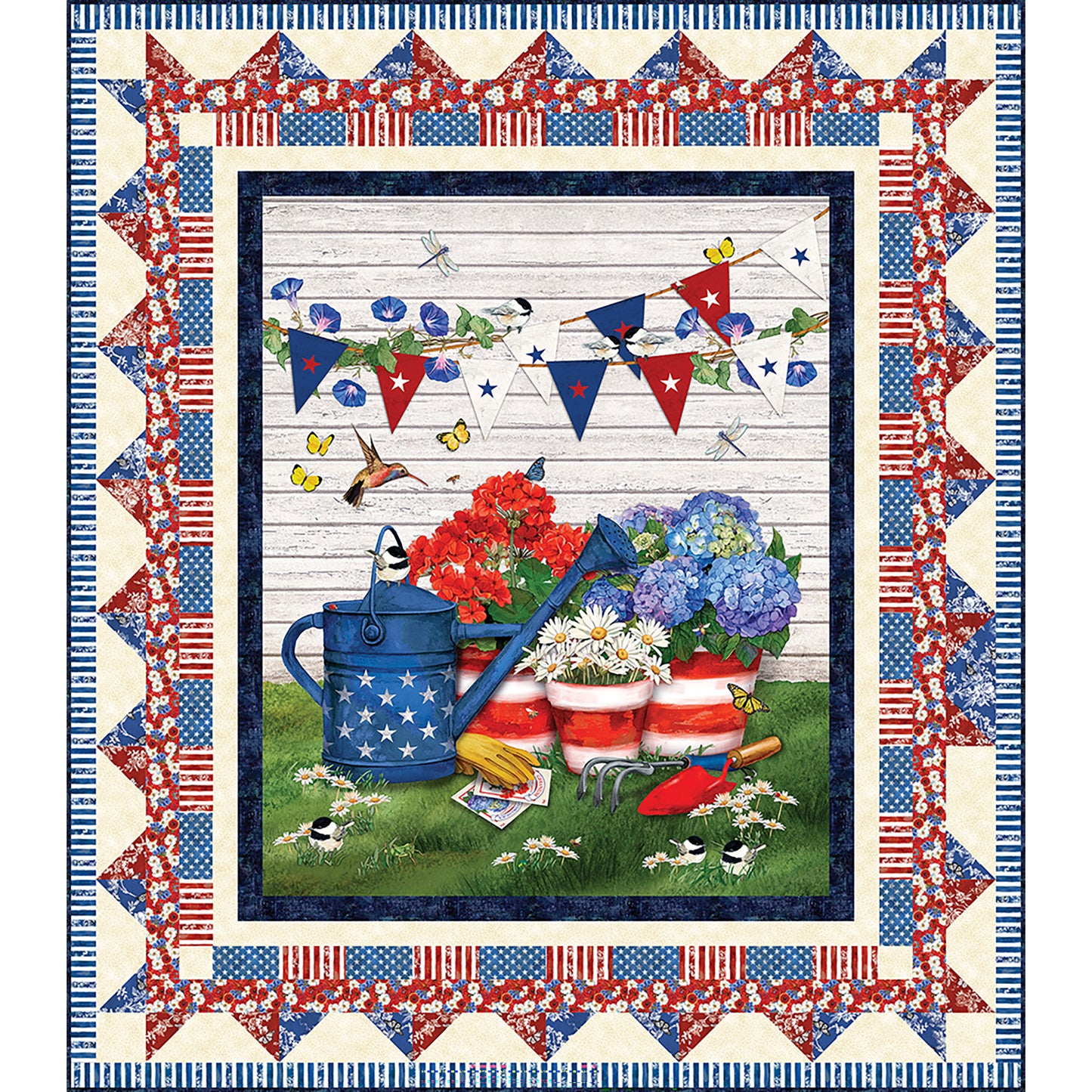 Patriotic Garden quilt features a Summer/Fourth of July-themed panel of a yard or garden with a white slap board background.  Included in the panel are images of flowers and pots in red, white, and blue with a water pot in blue with white stars. There are also red and blue gardening tools, yellow gloves and seed packets along with a banner of red, white and blue and a few flowers and birds. The border also has red, white and blue fabric.