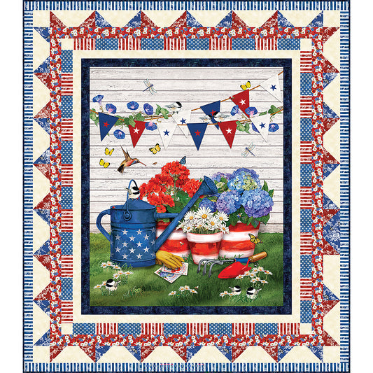Patriotic Garden quilt features a Summer/Fourth of July-themed panel of a yard or garden with a white slap board background.  Included in the panel are images of flowers and pots in red, white, and blue with a water pot in blue with white stars. There are also red and blue gardening tools, yellow gloves and seed packets along with a banner of red, white and blue and a few flowers and birds. The border also has red, white and blue fabric.