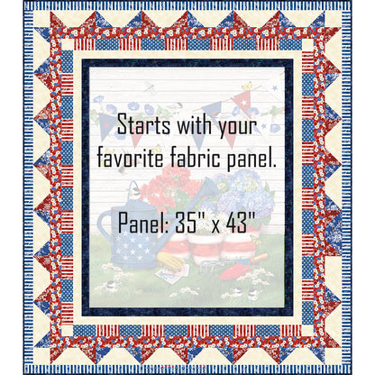Patriotic Garden quilt features a Summer/Fourth of July-themed panel, which is shaded to show where you will add your own panel of 35 inches by 43 inches. The border also has red, white and blue fabric but can be anything to match your panel colors or theme.
