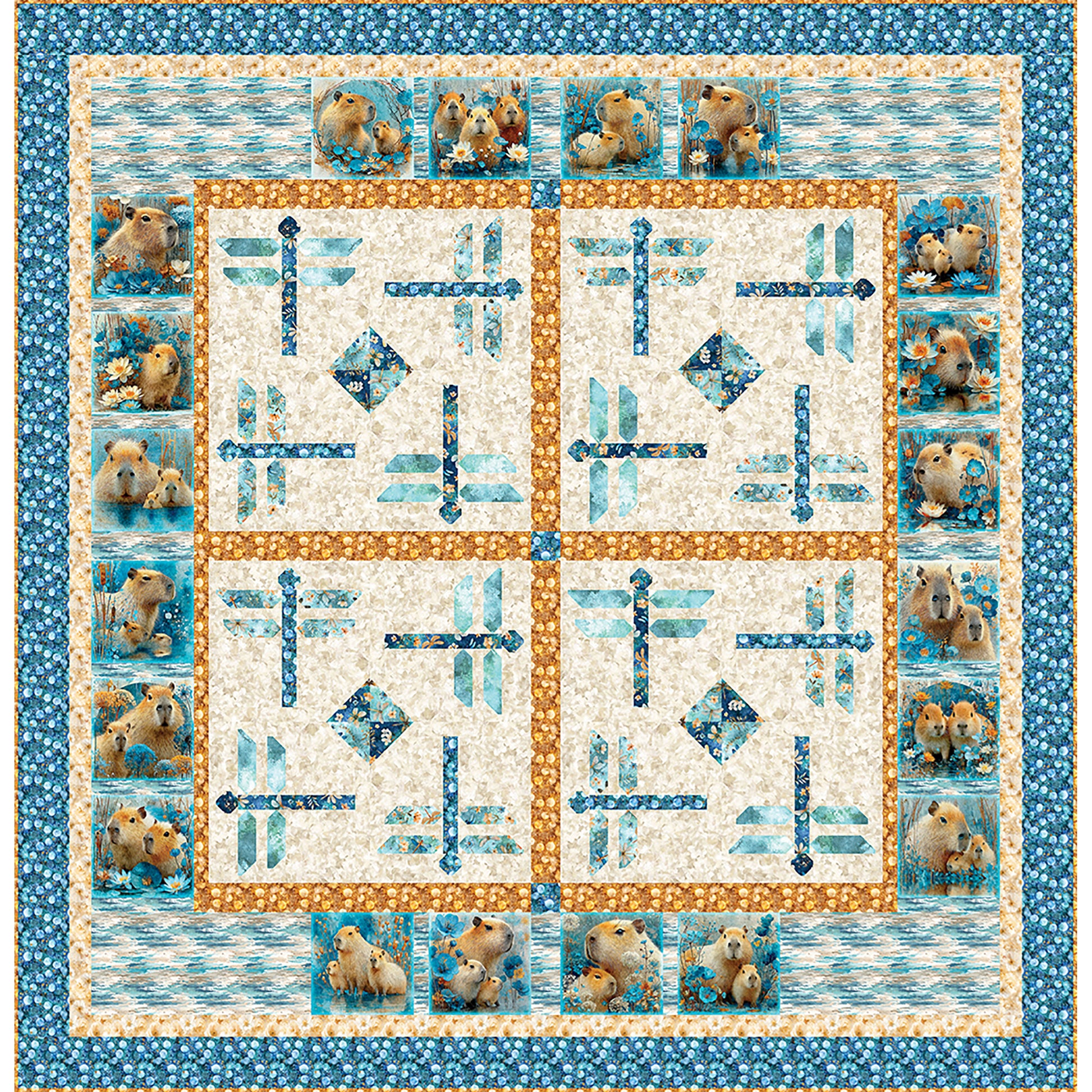 A Capybara Kind of Day quilt features 8-inch square blocks of your favorite fabric (in this case, capybaras) and adorable pieced dragonflies. 