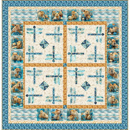 A Capybara Kind of Day quilt features 8-inch square blocks of your favorite fabric (in this case, capybaras) and adorable pieced dragonflies. 
