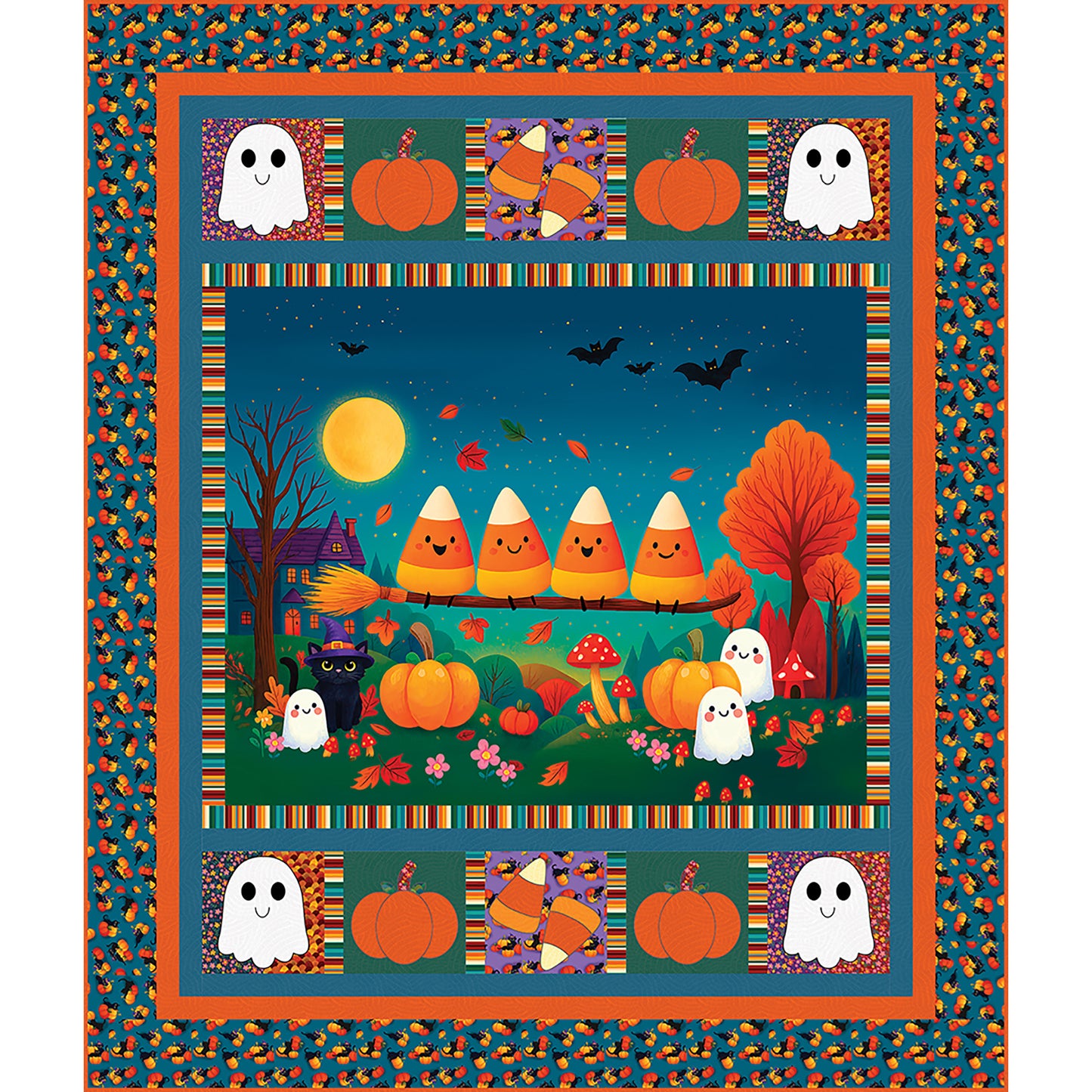 Boo Crew & Candy Too quilt features an adorable panel and matching applique pumpkin, ghost, and candy corn blocks border. 