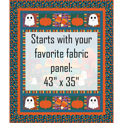 Boo Crew & Candy Too quilt features an adorable panel and matching applique pumpkin, ghost, and candy corn blocks border. This version shows where the panel will go so you can envision adding your own panel. Size of panel needed is 43-inches by 35-inches.