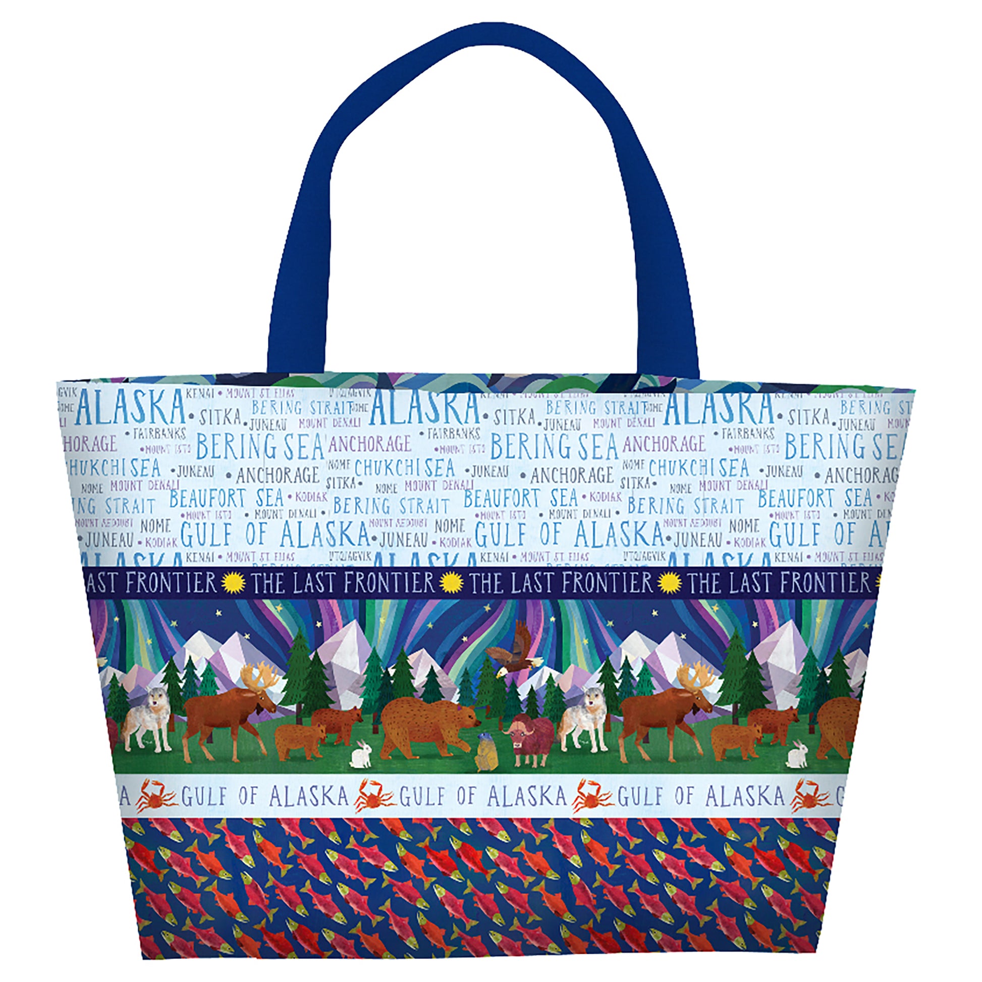 Moose Tracks Tote by Heidi Pridemore of The Whimsical Workshop creates a beautiful tote bag features rows of fabric including one that says Alaska, another with animals with the northern lights, and another with fish.