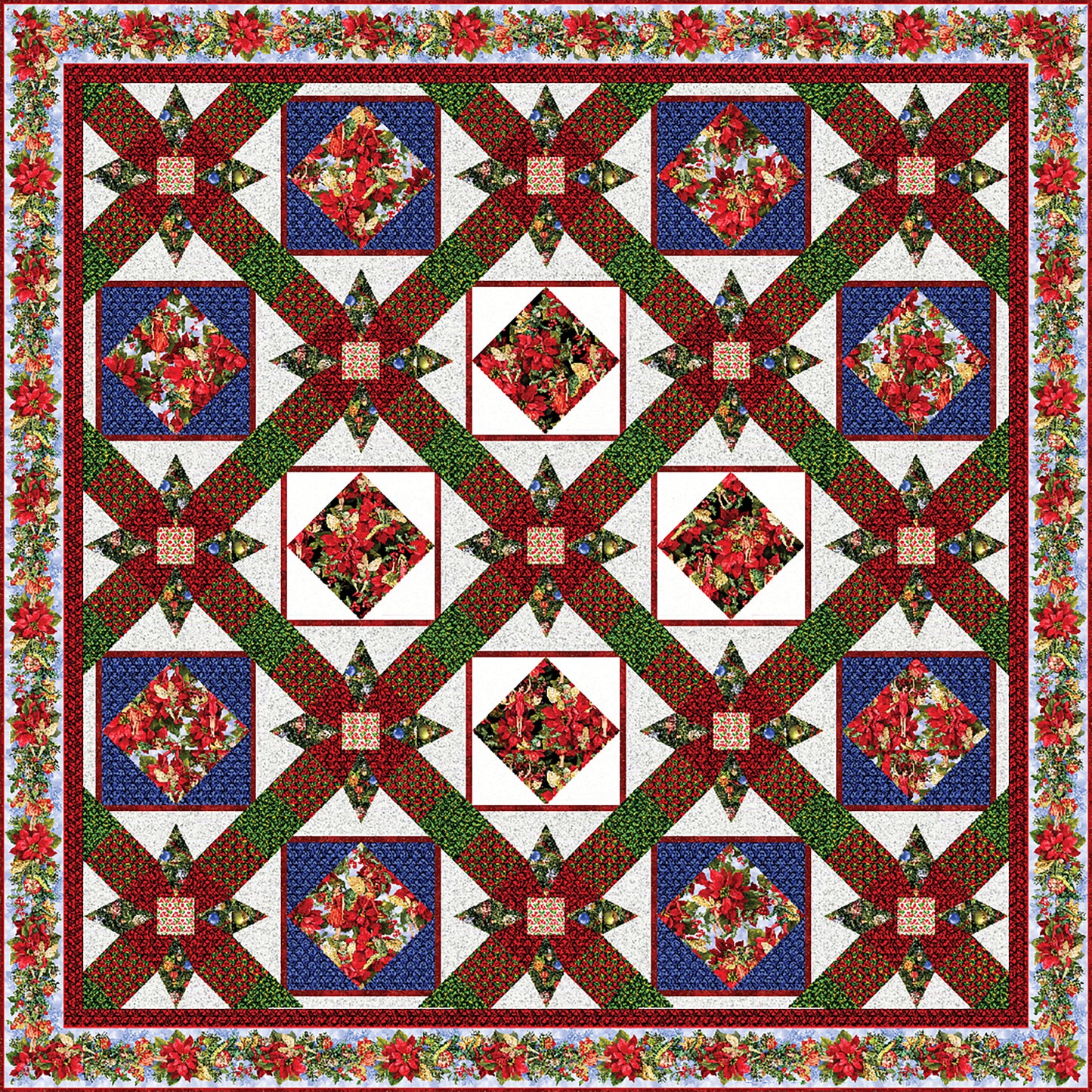 Beautiful quilt of stars and diamond blocks with the stars appearing to radiate out from each other. 