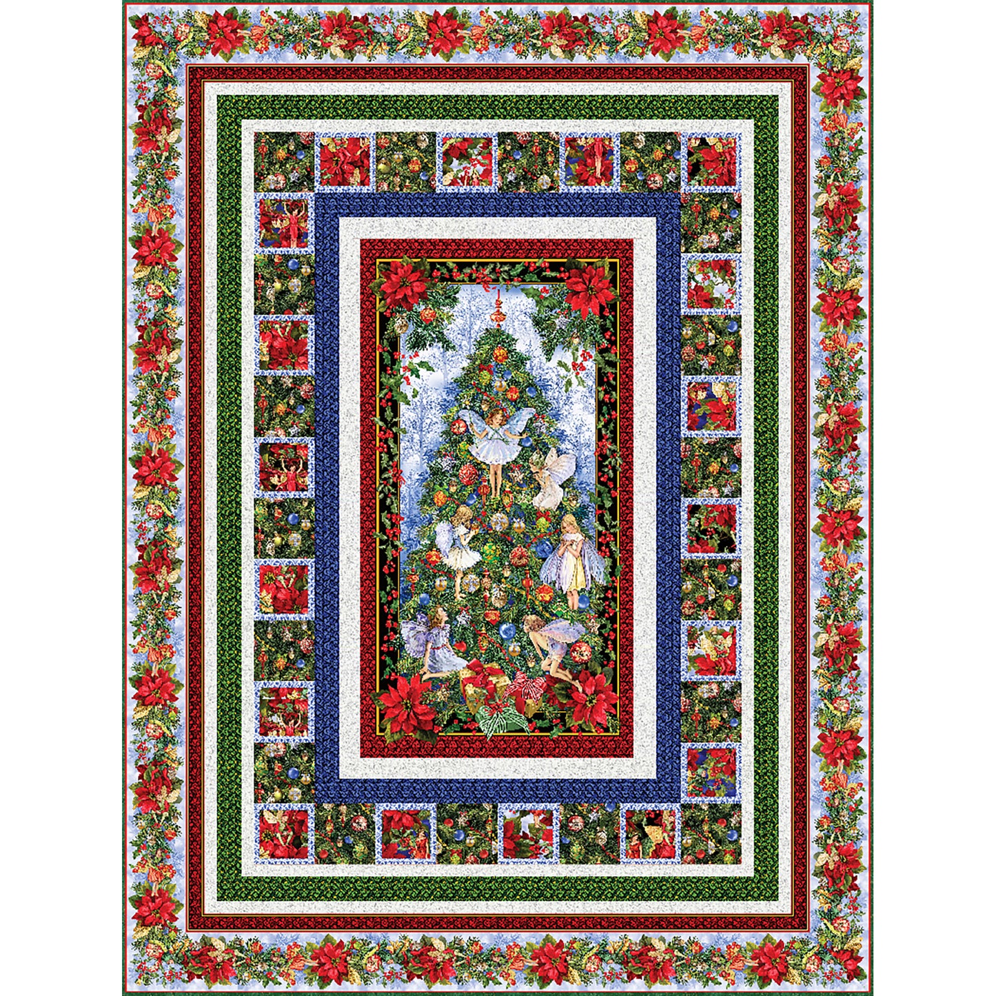 Fairy Glade in Snow quilt features a festive Christmas tree panel with angels and a number of borders of Christmas colors and fabrics.