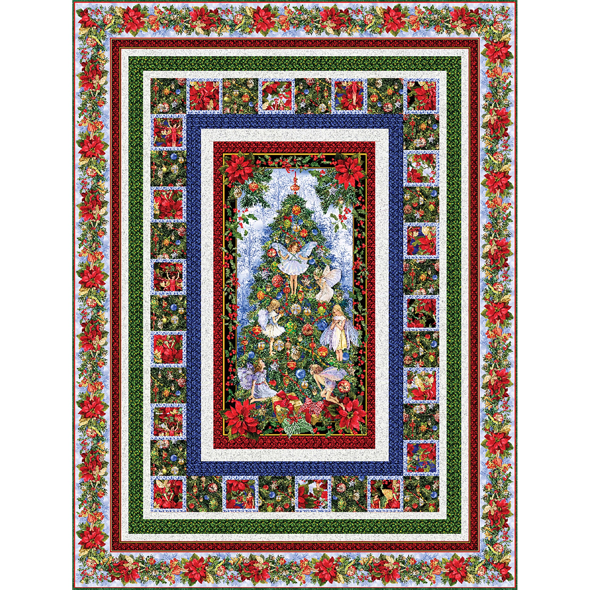 Fairy Glade in Snow quilt features a festive Christmas tree panel with angels and a number of borders of Christmas colors and fabrics.