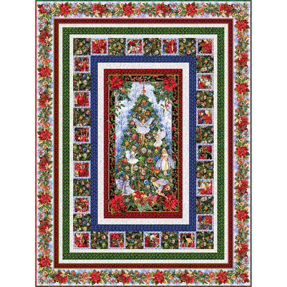 Fairy Glade in Snow quilt features a festive Christmas tree panel with angels and a number of borders of Christmas colors and fabrics.