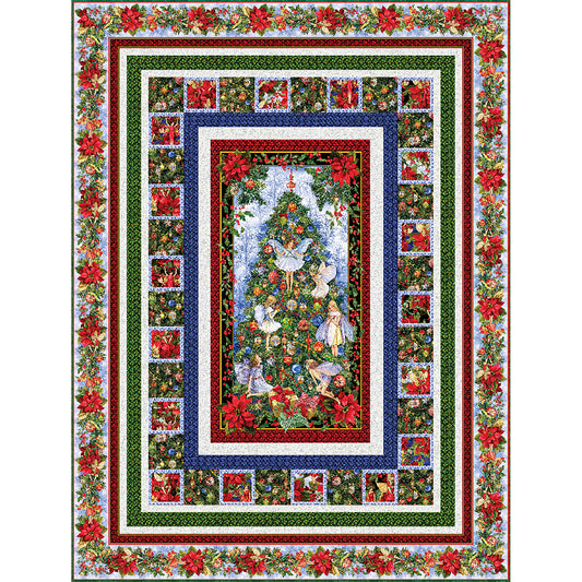 Fairy Glade in Snow quilt features a festive Christmas tree panel with angels and a number of borders of Christmas colors and fabrics.