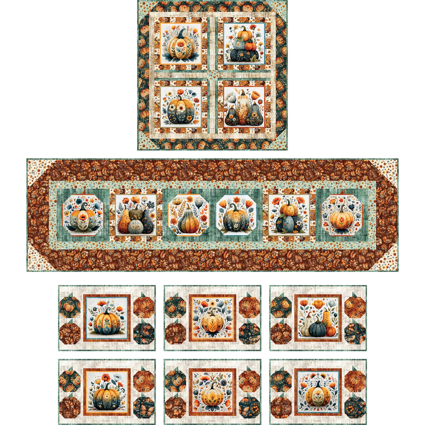 Gourds of Fun table set is a festive table runner, table topper and place mats. Fabric used in example includes pumpkins and gords with some fall flowers.