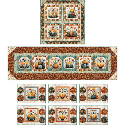 Gourds of Fun table set is a festive table runner, table topper and place mats. Fabric used in example includes pumpkins and gords with some fall flowers.