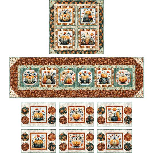 Gourds of Fun table set is a festive table runner, table topper and place mats. Fabric used in example includes pumpkins and gords with some fall flowers.