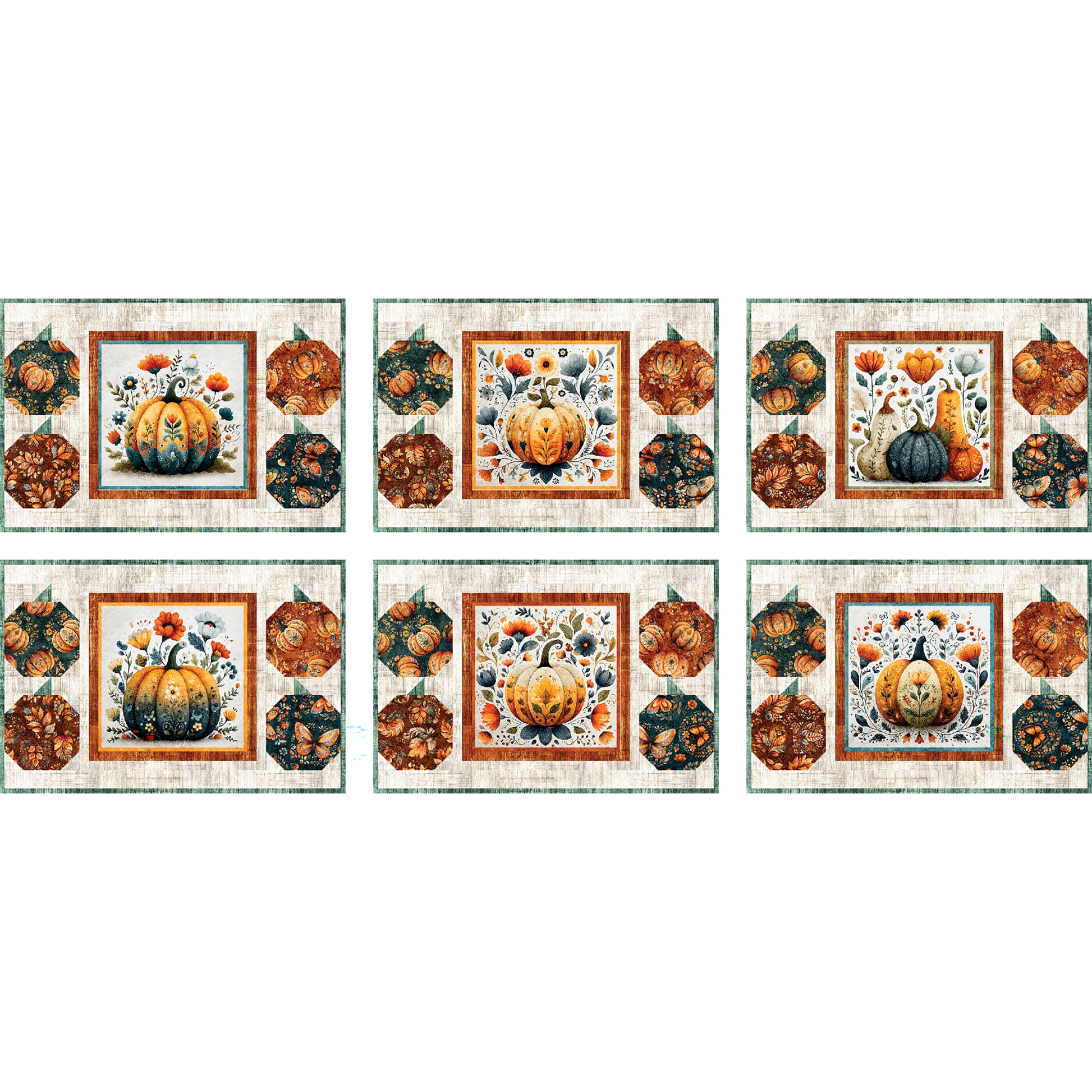 Six place mats with center pumpkin or gord fabric with flowers and two outside pumpkin shapes on both sides.