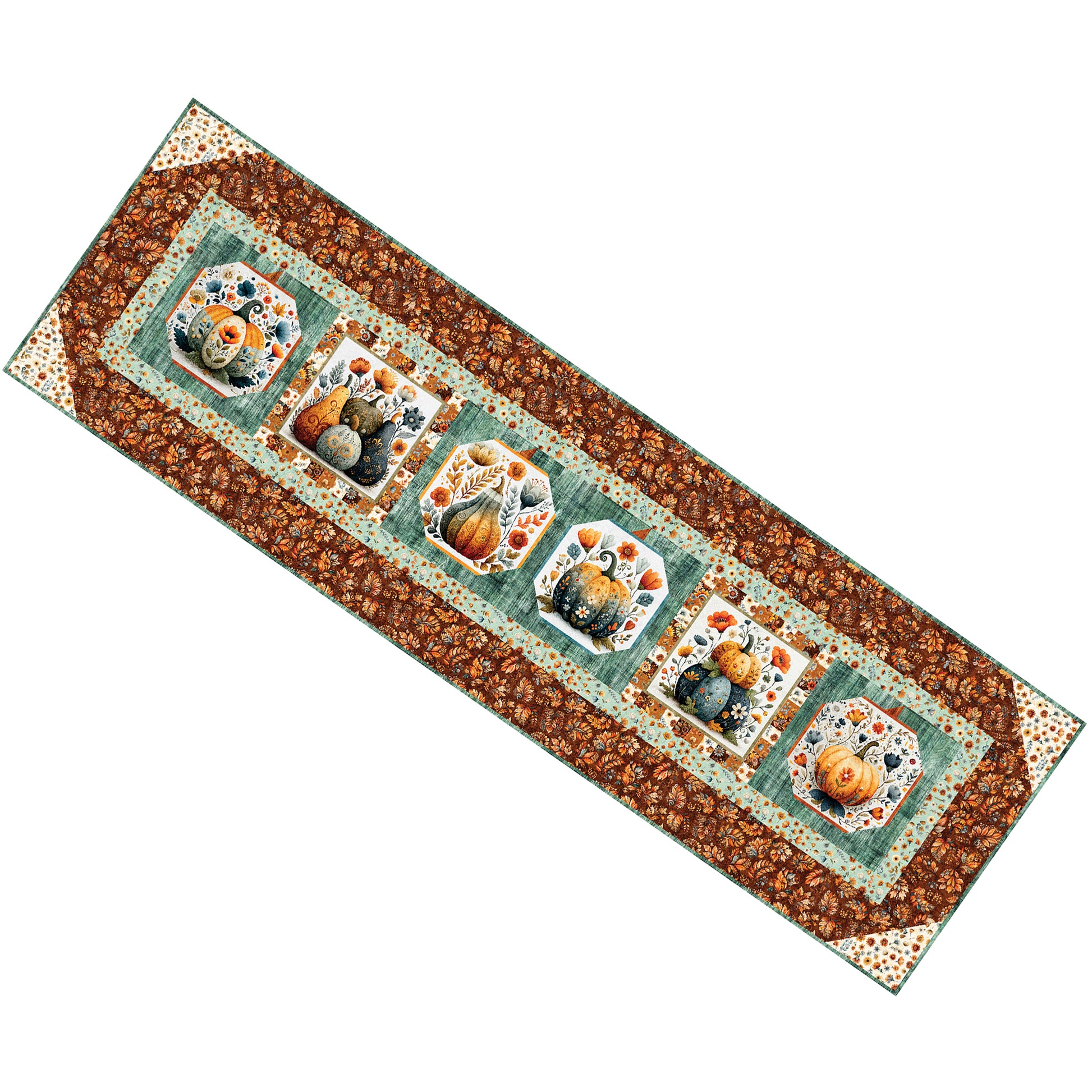 Festive table runner with blocks of pumpkins or gords with flowers. Beautiful fall decoration.