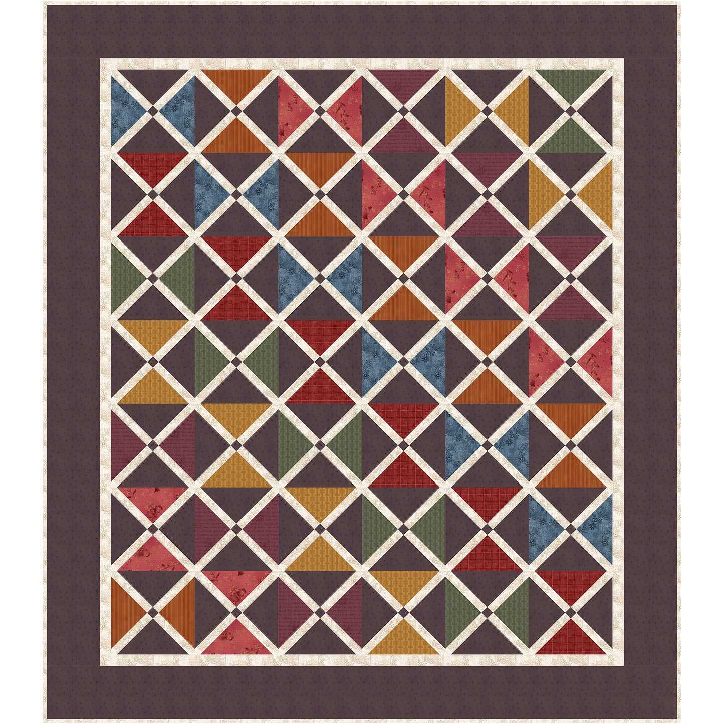 Colorful geometric quilt has an elegant or masculine feel.